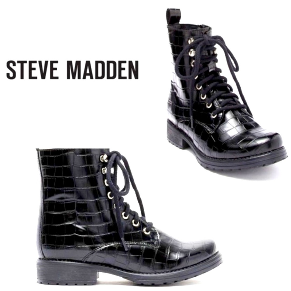 Steve Madden Bobbi Leather Combat Boot Black Croc Size 6.5